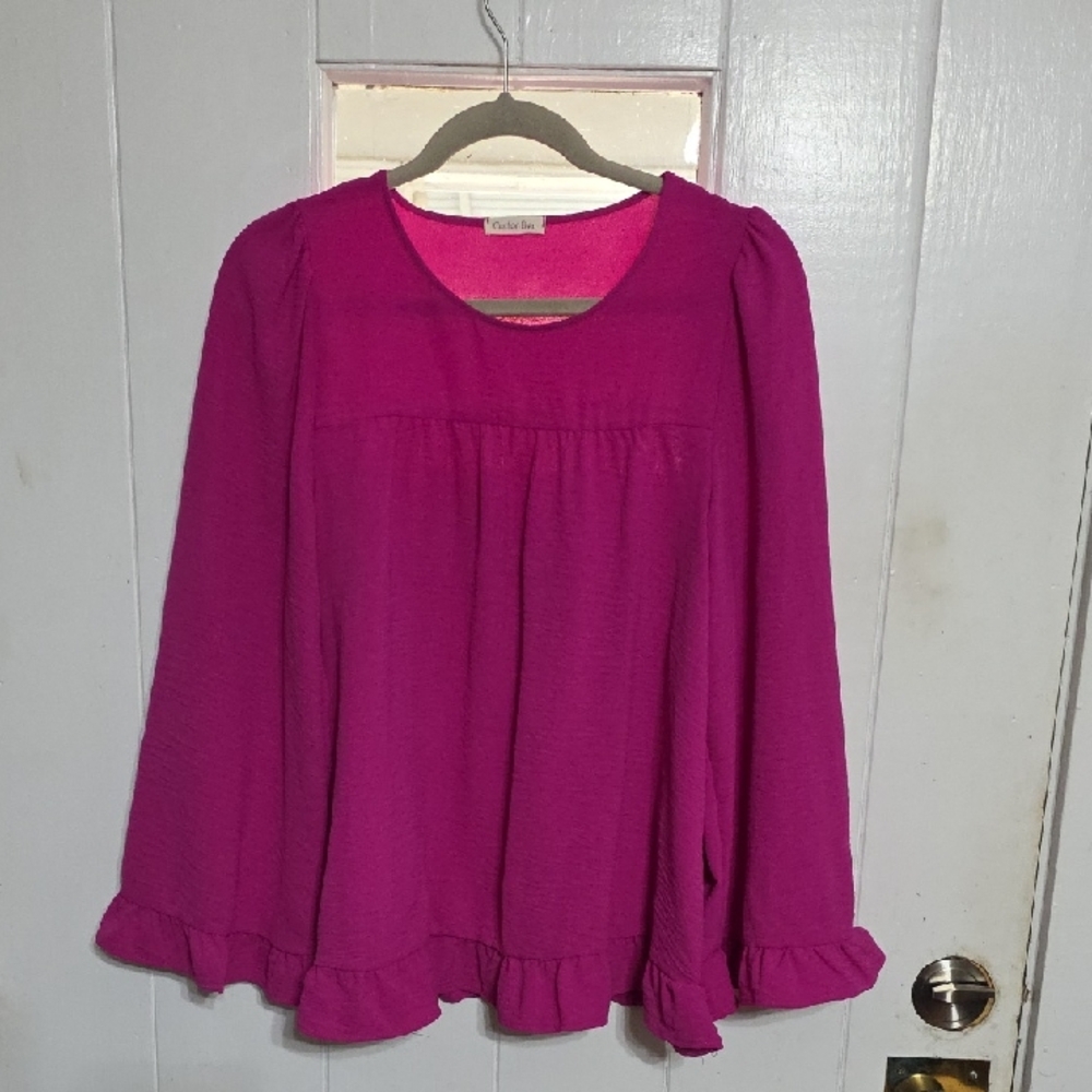 Cotton Bleu Women's Blouse Fuschia Ruffly Sleeves/Hem Lightweight BoHo Sz L? EUC